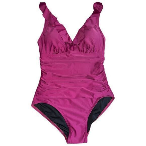 DKNY Size 10 Dark Pink Bordeaux Ruffle Plunge Tummy Control One Piece Swimsuit - Picture 2 of 7
